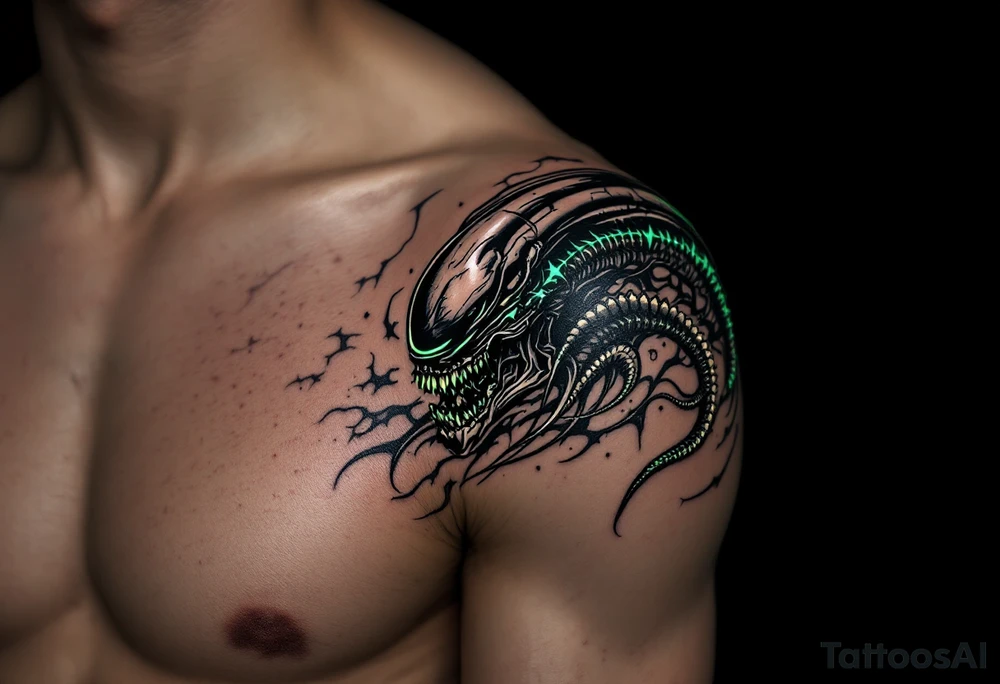 A Xenomorph’s elongated skull blending into abstract tribal patterns, using a dark palette with bright, bioluminescent accents in glowing green and yellow. tattoo idea