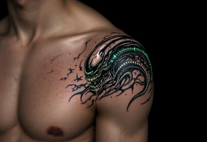 A Xenomorph’s elongated skull blending into abstract tribal patterns, using a dark palette with bright, bioluminescent accents in glowing green and yellow. tattoo idea