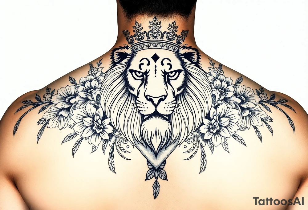 powerful majestic lion with a crown, surrounded by floral ornaments and birds tattoo idea
