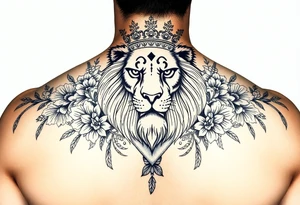 powerful majestic lion with a crown, surrounded by floral ornaments and birds tattoo idea