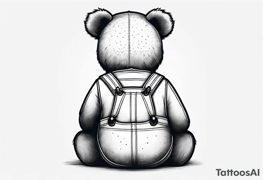 the back of a standing teddy bear in overalls tattoo idea