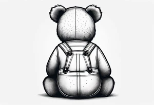 the back of a standing teddy bear in overalls tattoo idea