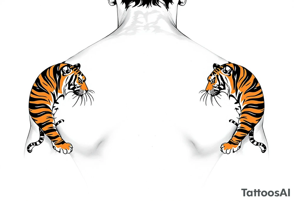 Matching orange and black tiger stripes wrapping around both upper arms tattoo idea