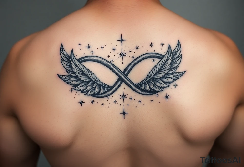 a manly infinity symbol woven with floating feathers and stardust tattoo idea