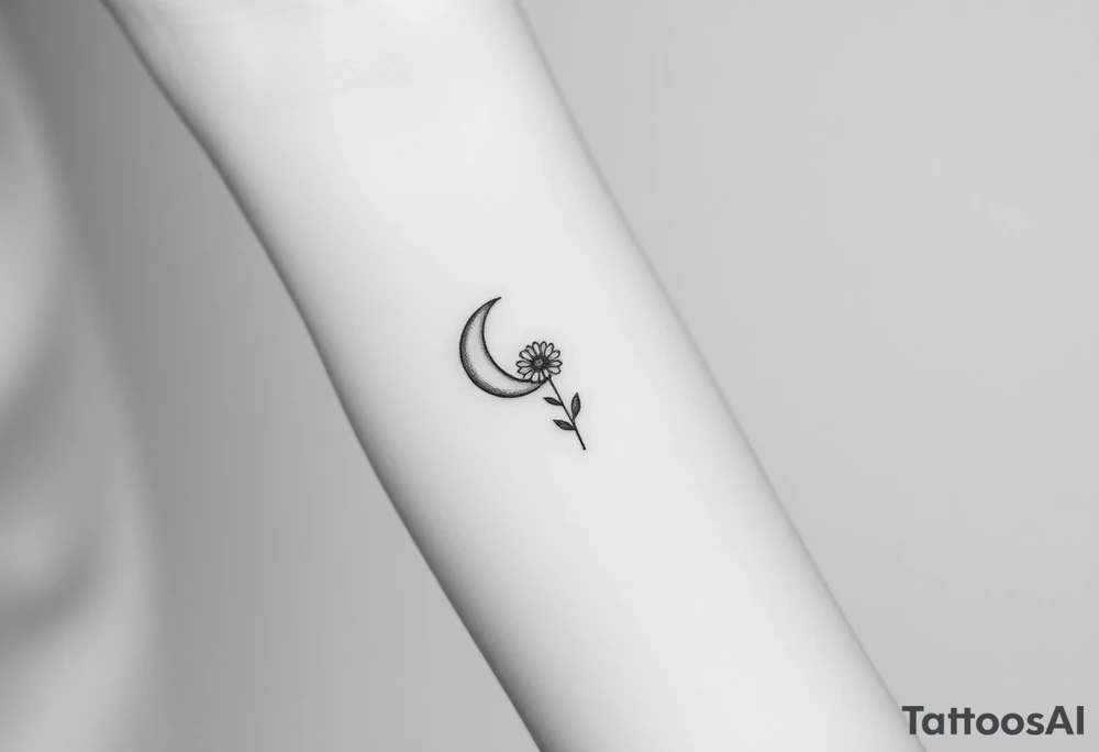 Small black and white tattoo waxing creaxent moon with small Daisy birth flower and tiny leo gliph tattoo idea