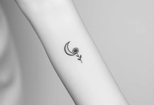 Small black and white tattoo waxing creaxent moon with small Daisy birth flower and tiny leo gliph tattoo idea