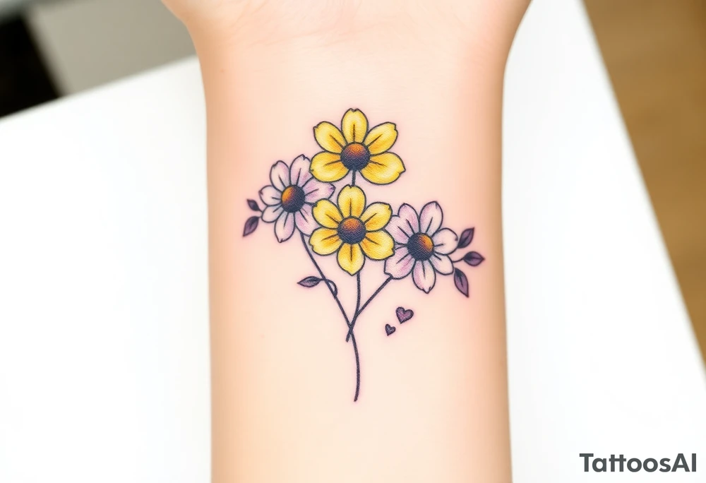 Yellow daisy Purple Hearts in heaven tattoo idea