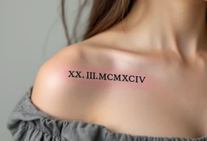XX.III.MCMXCIV along the spine in bold black Roman font, split by a thin vertical red line for symmetry. tattoo idea