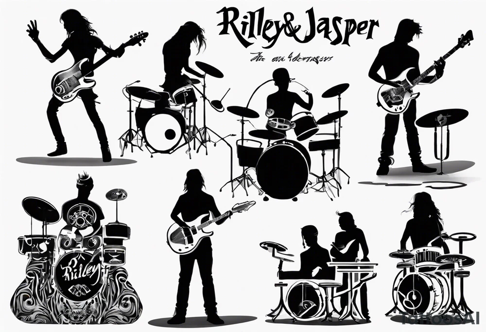 shadows of band members playing instruments. The words Riley and Jasper are formed by the parts of the picture. tattoo idea