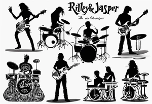shadows of band members playing instruments. The words Riley and Jasper are formed by the parts of the picture. tattoo idea