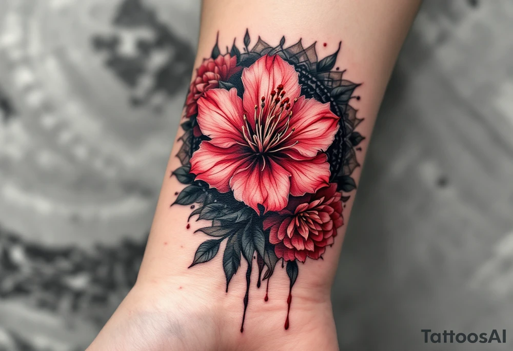 red  and black rhododendron trippy with mandala behind tattoo idea
