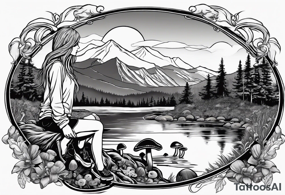 Whole picture encircled fully

Straight long blonde hair hippie girl in distance holding mushrooms in hand facing away toward mountains and creek surrounded by mushrooms long sleeve shirt and hiking pants; whole rendering within a full circle, no cut off circle tattoo idea