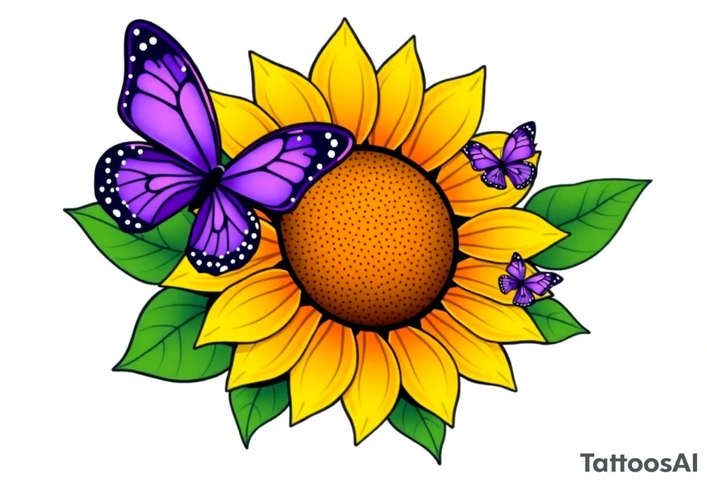 Sunflower with purple butterflies on side tattoo idea