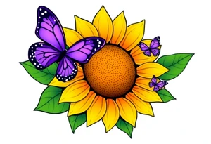 Sunflower with purple butterflies on side tattoo idea