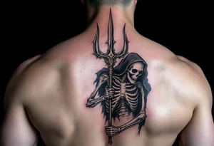 gambling skeleton behind trident tattoo idea