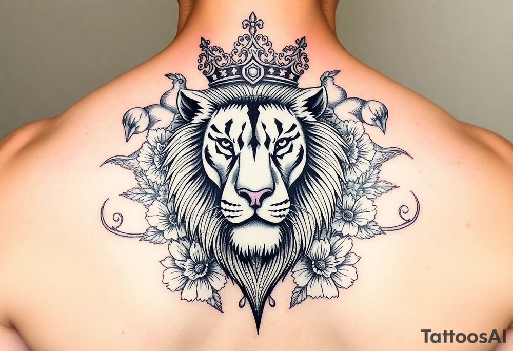 powerful majestic lion with a crown, surrounded by floral ornaments and birds tattoo idea