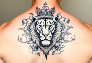 powerful majestic lion with a crown, surrounded by floral ornaments and birds tattoo idea