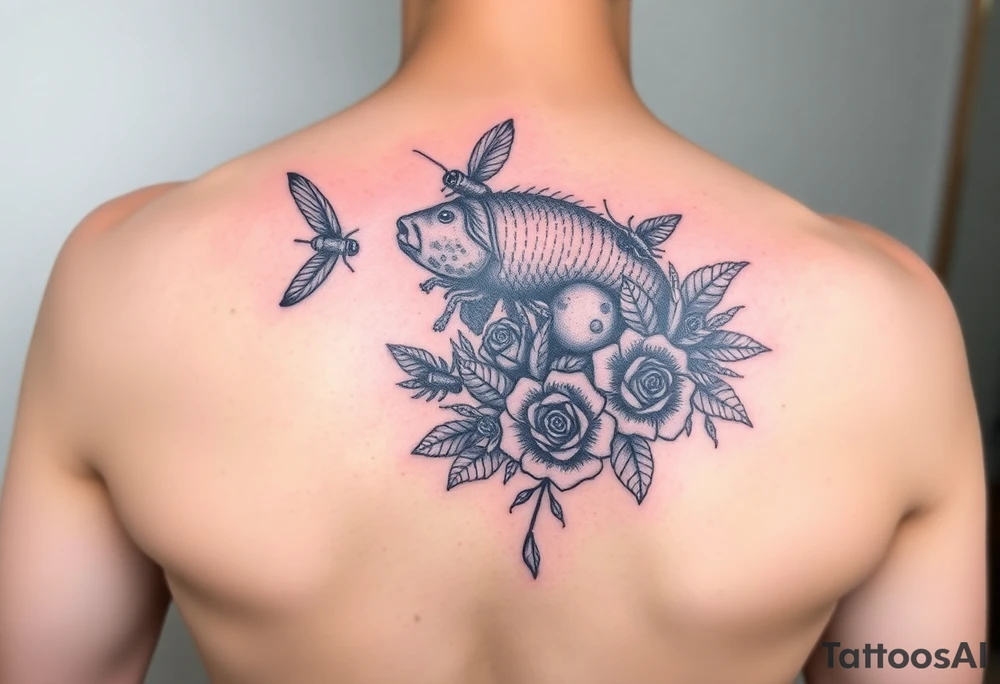 Colorful sea creatures with honey comb, bees, and roses tattoo idea