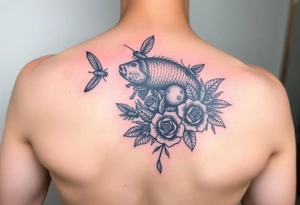 Colorful sea creatures with honey comb, bees, and roses tattoo idea