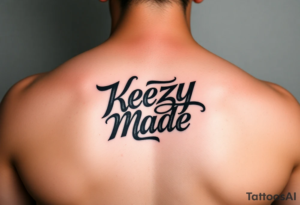 letters only fancy but rugged twisted and intertwined circular arched curvy lettering in a circular  forum that would be clothing brand style that says (KeezY MadE) almost like the the roca wear symbol clothing brand trademark tattoo idea
