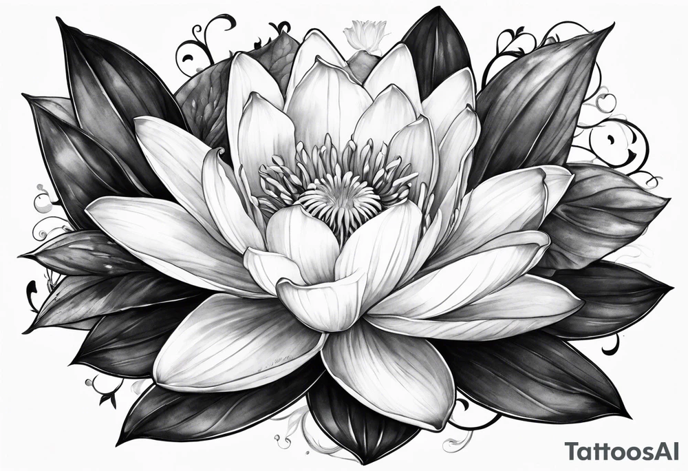 Linear Larkspur and water lily with stems tied with ribbon tattoo idea