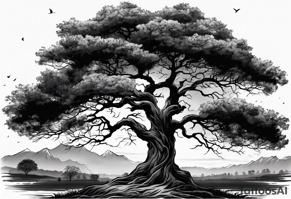 enormous old tree standing in the middle of a field engulfed in flames of fire tattoo idea