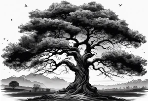 enormous old tree standing in the middle of a field engulfed in flames of fire tattoo idea