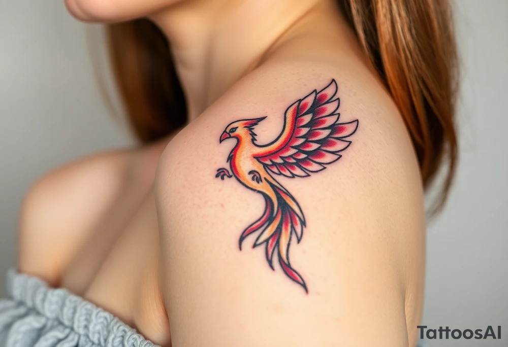 Phoenix rising from the ashes with the colors red, pink, orange and purple. Size 3 cm wide and 5 cm high tattoo idea