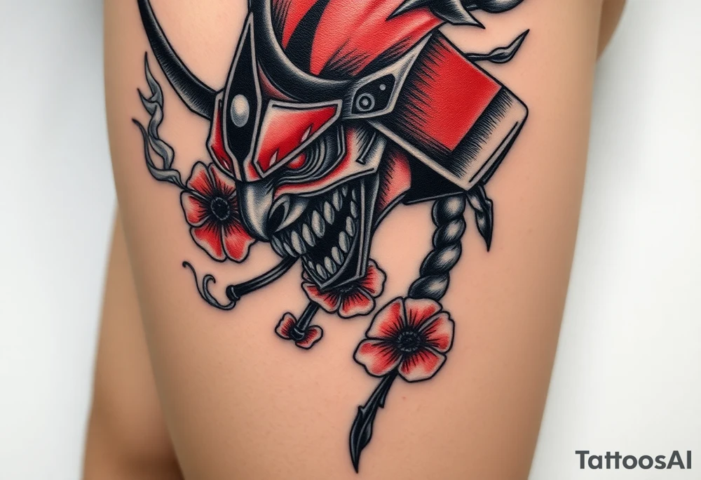 Rouge ronin with smoke coming out of its mouth with 11b tattooed under its left eye with 1 poppy on each side of the ronin tattoo idea