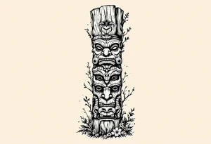 A black and brown totem pole with stacked animal faces carved into bark-like texture. tattoo idea