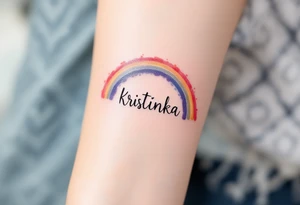 Kristýnka written in a watercolor rainbow arc, delicate and joyful. tattoo idea