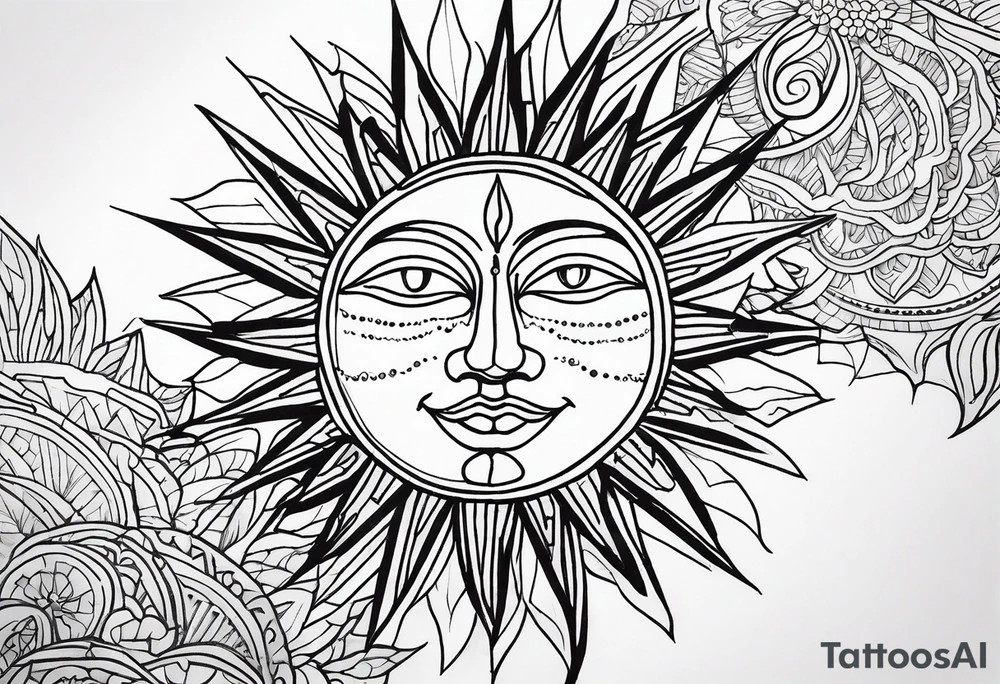 Draw me a beautiful and realistic sun tattoo using the ONE LINE method.
May the tattoo be pleasant, optimistic and positive.
Location: Above a man's chest tattoo idea