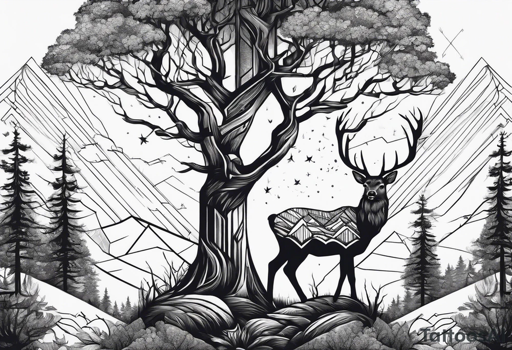 Trees with a tree stand and a deer in front tattoo idea