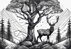 Trees with a tree stand and a deer in front tattoo idea