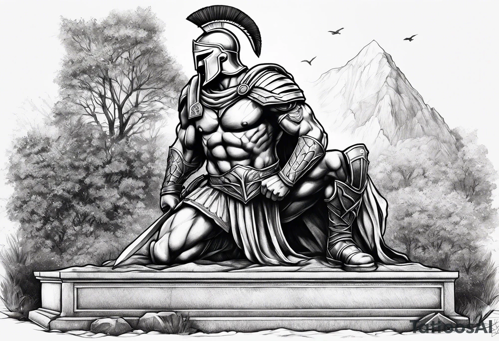 Spartan kneeling on a grave tattoo idea