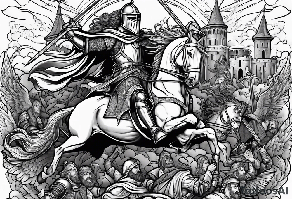 English knights battling with jesus christ in the sky tattoo idea