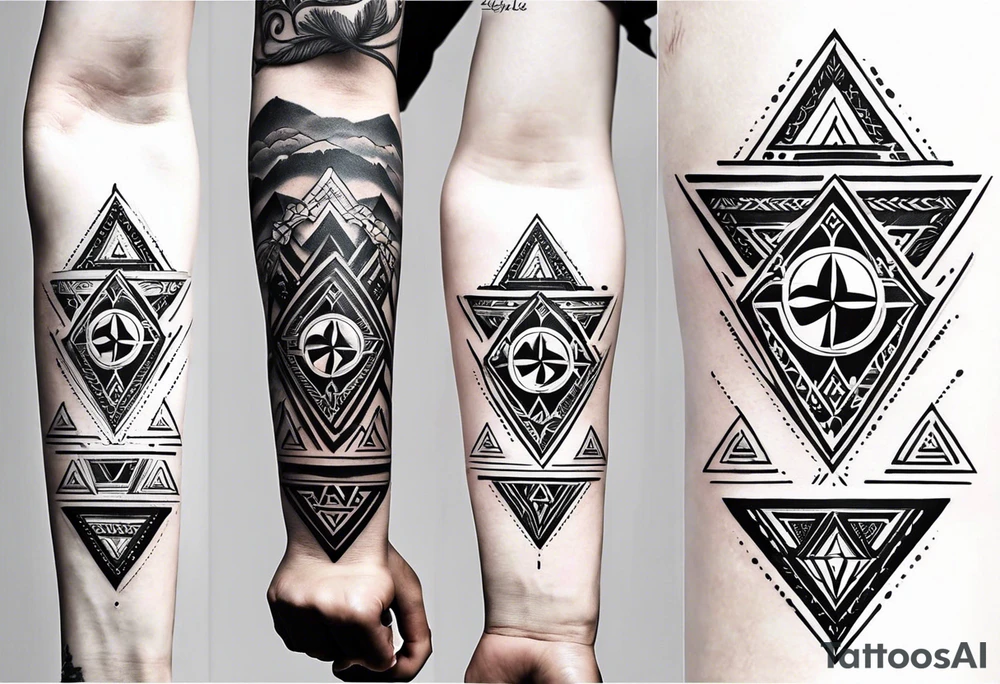 Fine line tattoo in the left forearm on the bottom side. The tattoo will have three shapes placed in a triangle formation. The top shape will be a either a plus sign or a heart that symbolizes health. The bottom left will have a compass rose or a shape symbol for purpose. The bottom right will have three circles placed in a triangle formation to symbolize family. Tattoo should be minimalist with just the shapes filled in and no ornaments tattoo idea