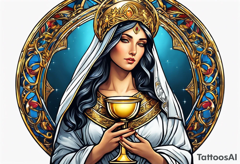 holy saint woman with golden halo holding a chalice tattoo idea