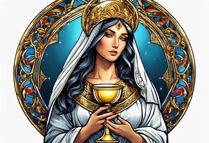 holy saint woman with golden halo holding a chalice tattoo idea