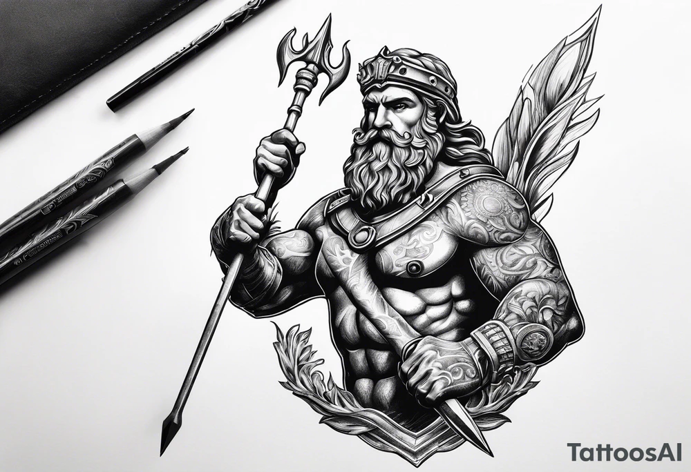 Scuba diver holding a trident of Poseidon underwater tattoo idea