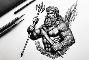 Scuba diver holding a trident of Poseidon underwater tattoo idea