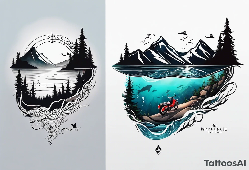 This is a minimalistic tattoo that is split into 2 sections; a top half and a bottom half. The top half is a mountain in Norway with a mountain bike trail winding down the mountain. The bottom half of the tattoo depicts an underwater scene featuring water, and sea life. tattoo idea