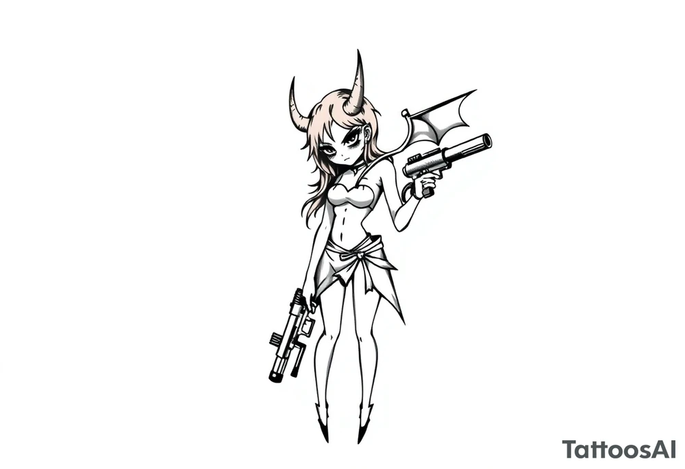 demon girl holding gun tattoo idea