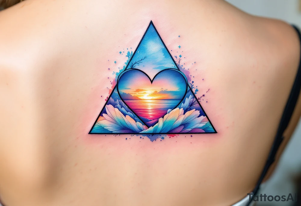 A triangle with a big heart in the center with an ocean travel theme tattoo idea