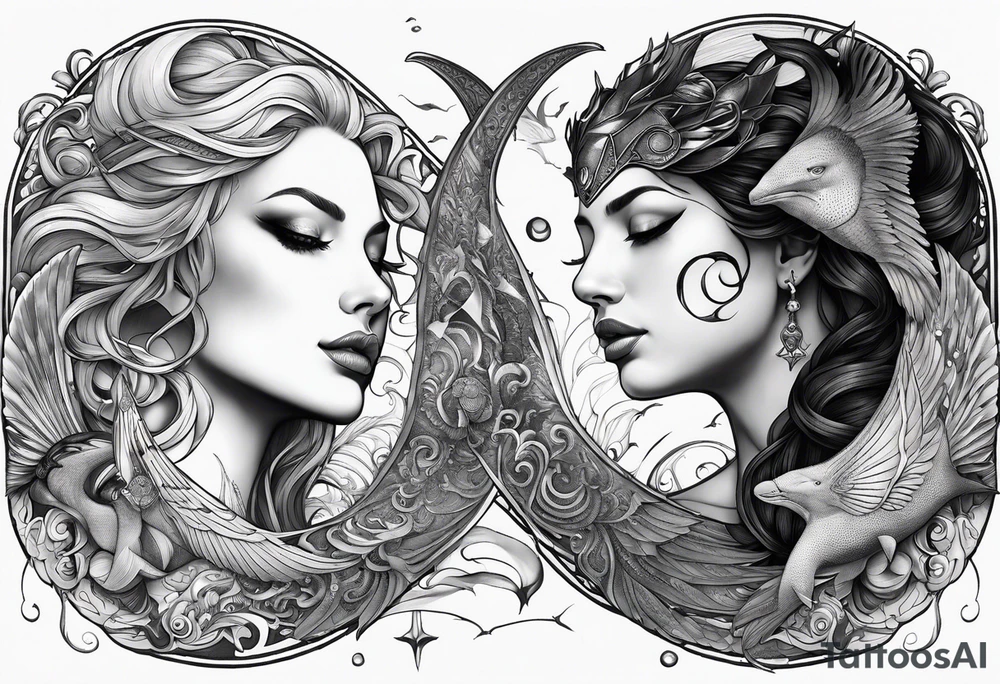 tattoo with a sexy, beautiful, and warrior Goddess Nyx, the goddess of night, who Zeus fears.  She has one white wing and one black wing, like an angel, representing both love and death, and is surrounded by the ocean with sharks, orcas, whale sharks, and octopus. tattoo idea
