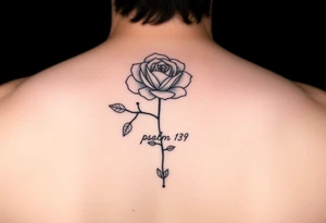 Fine line rose flower intertwined with a daisy with the daisy pedals falling down the middle of the back. Also include the words psalm 139 and even there connected to the flowers by dots tattoo idea