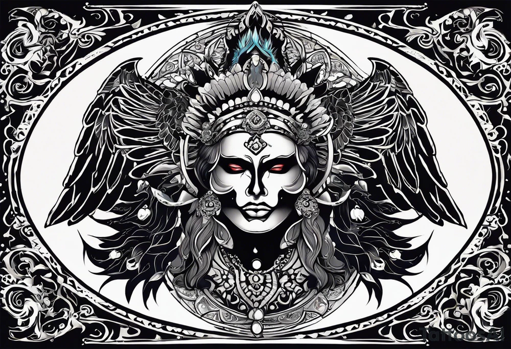 black kali, goddess pirate, alien, angel, pachamama, valkrye, warrior, flying, skull, lotus azul, wing, eagle, zenza resonance, stars, 5D, anahata chakra, death, durga, riding on a tiger, flying lady tattoo idea