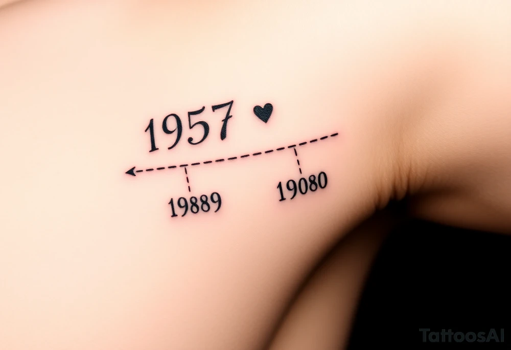 Top Line: The parent's birth year (1957) will be at the top, centered.  A small heart will be placed either directly beside it or slightly above it.
 * Timeline Line: A faint, dotted line will extend horizontally from the parent's year, representing the timeline.
 * Children's Years: Four birth years (1980, 1989, 1998, 2000) will be placed below the dotted line, evenly spaced.
Visualizing It:
Imagine it like this:
          1957 <3 
    .......................
    1980   1989   1998   2000 tattoo idea