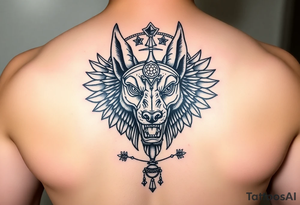 Egyptian Anubis god powerful face muscle in Egypt style dog face surrounded Egyptian symbols based on five elements tattoo idea