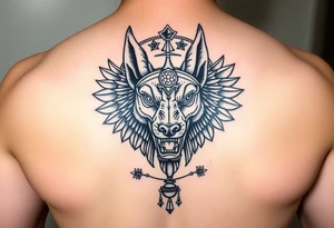 Egyptian Anubis god powerful face muscle in Egypt style dog face surrounded Egyptian symbols based on five elements tattoo idea